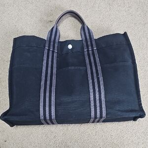 Hermes Black Canvas Tote Bag with Stripe Handles